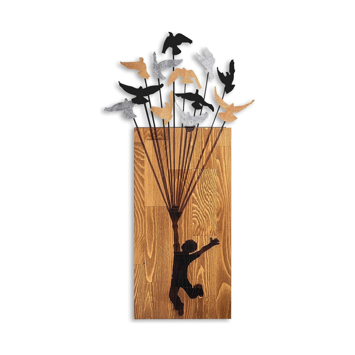 Decoratiune perete FLYING BOY 2, stejar/negru, lemn/metal, 45x86 cm