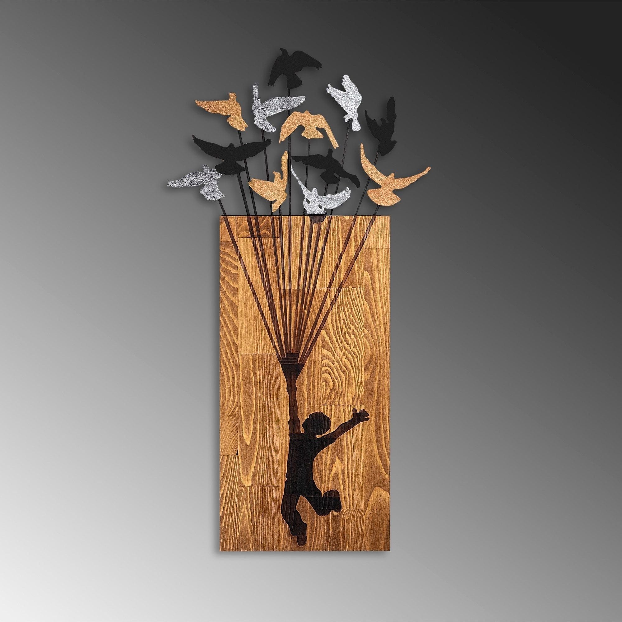 Decoratiune perete FLYING BOY 2, stejar/negru, lemn/metal, 45x86 cm
