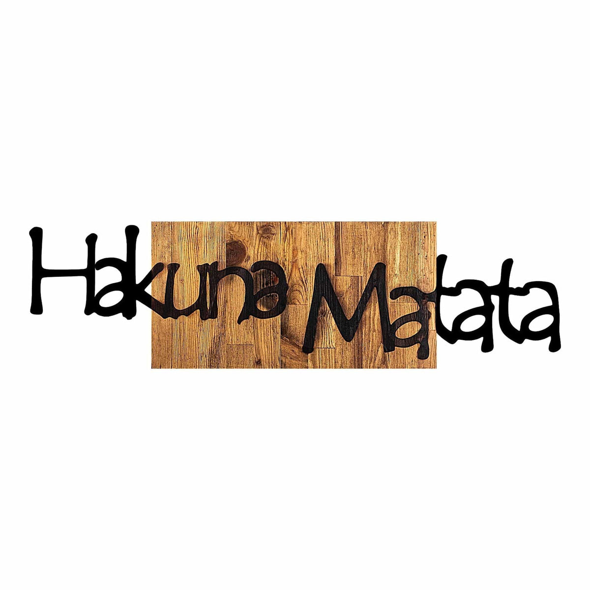 Decoratiune perete HAKUNA MATATA 4, negru/nuc, metal/lemn, 108x3x30 cm