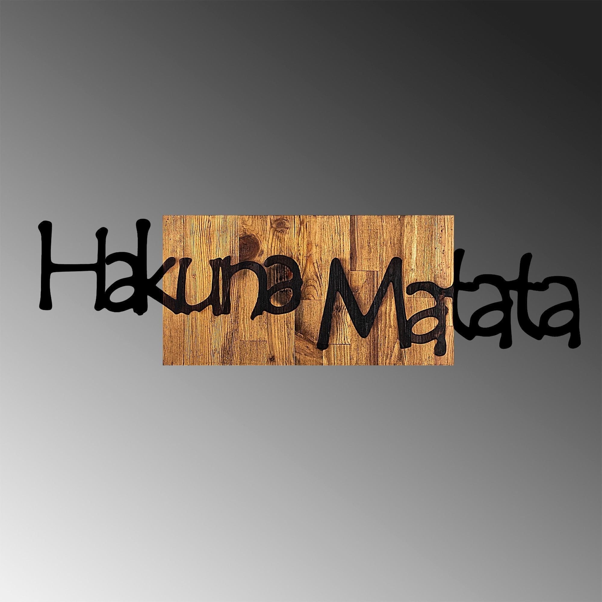 Decoratiune perete HAKUNA MATATA 4, negru/nuc, metal/lemn, 108x3x30 cm