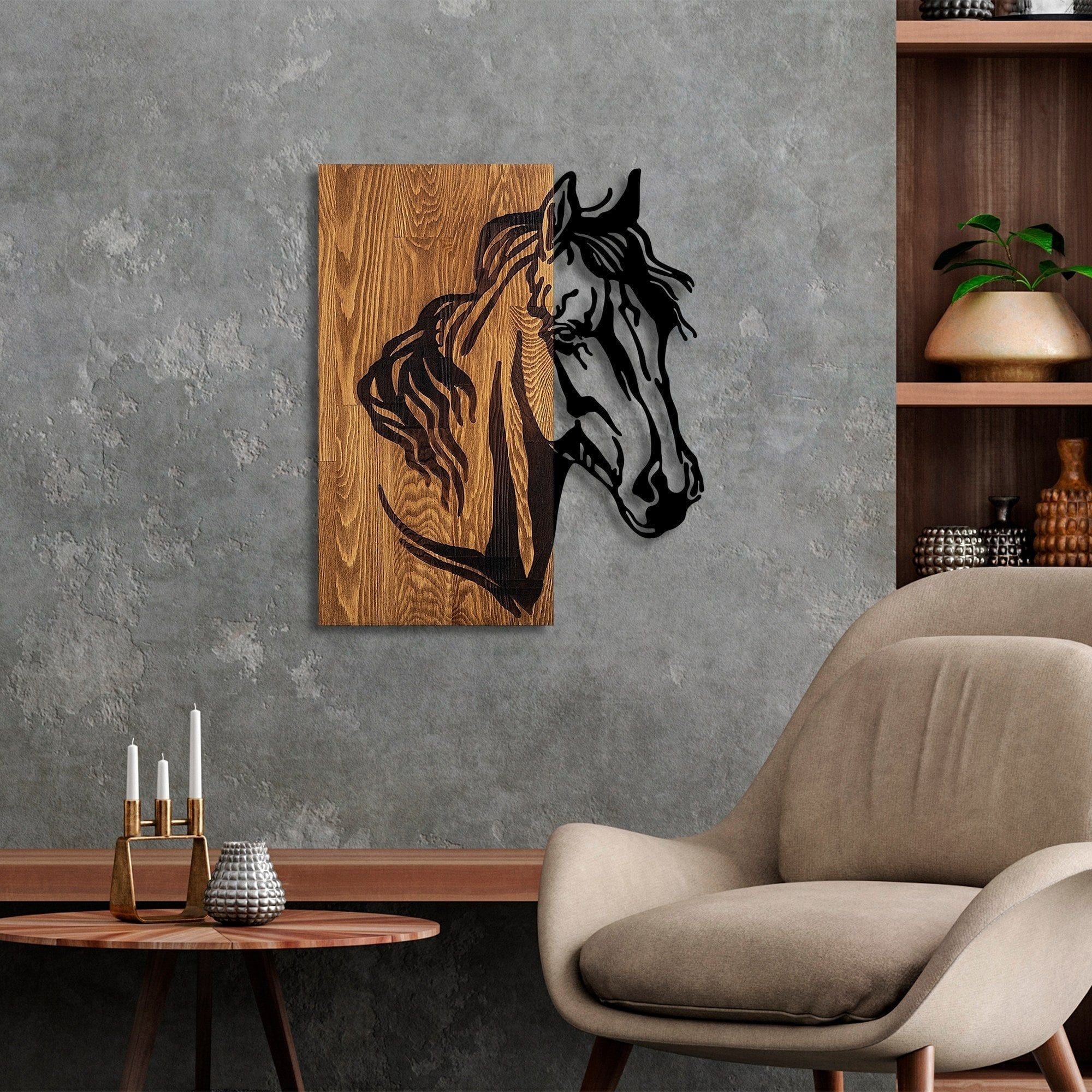 Decoratiune perete HORSE 1, stejar/negru, lemn/metal, 48x57 cm