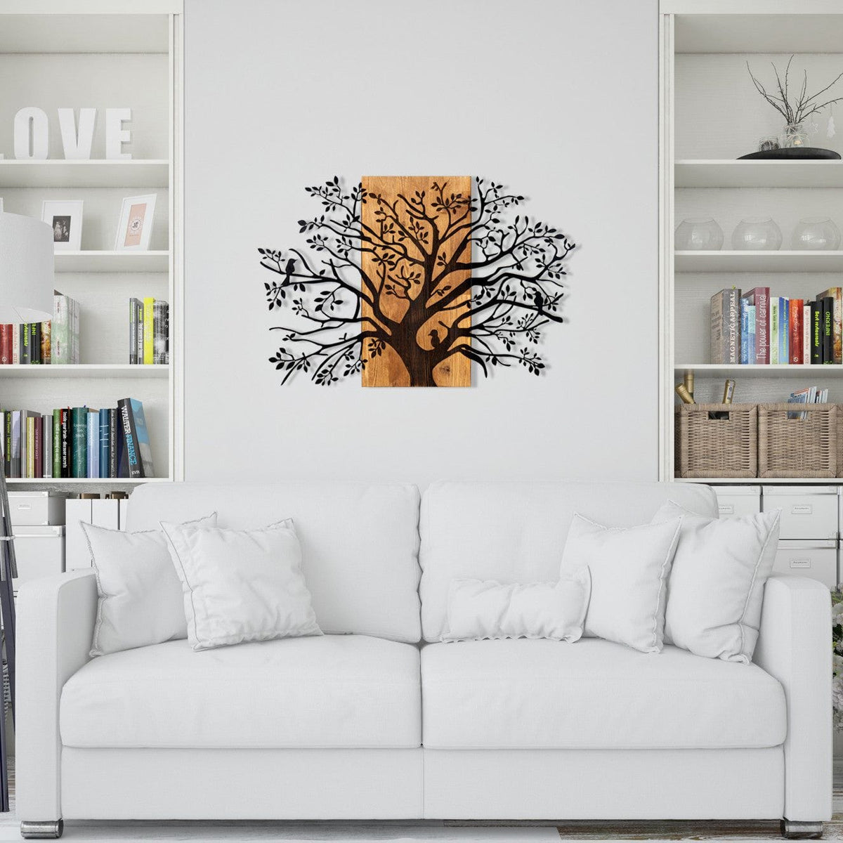 Decoratiune perete KAVAK, negru/stejar, metal/lemn, 85x58 cm