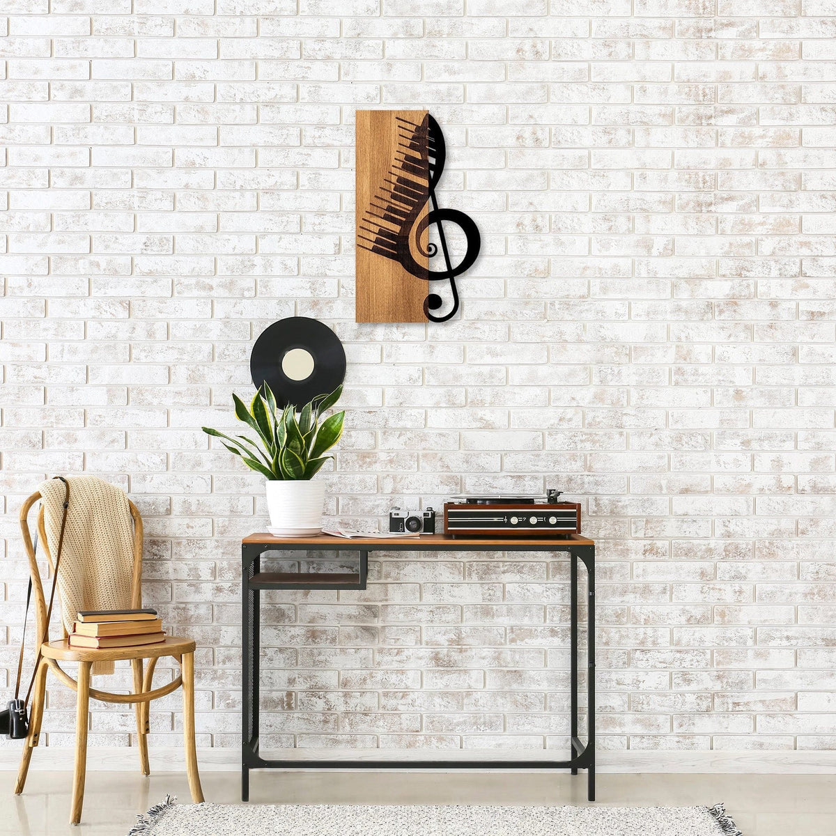 Decoratiune perete MUSICAL 1, stejar/negru, lemn/metal, 30x50 cm