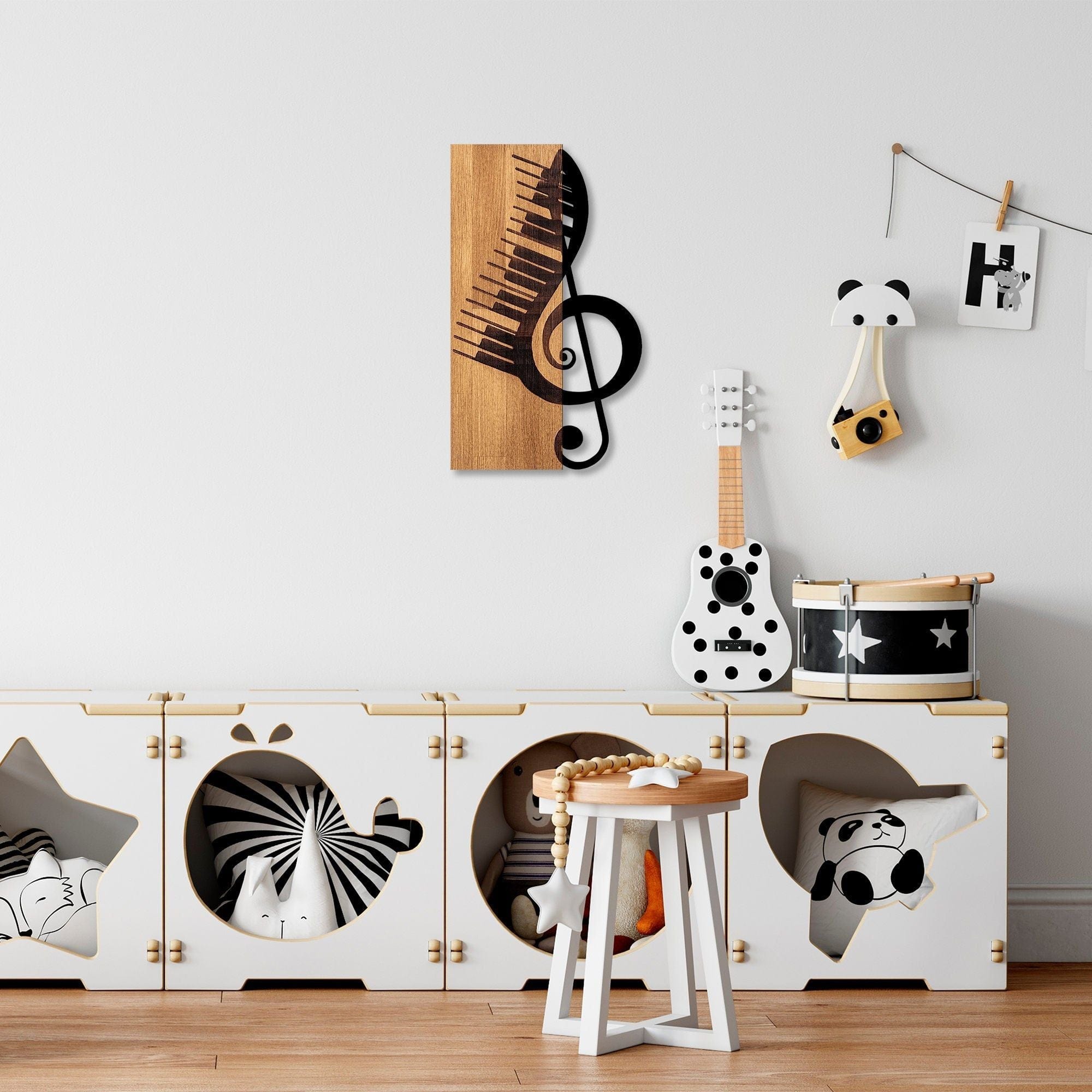 Decoratiune perete MUSICAL 1, stejar/negru, lemn/metal, 30x50 cm