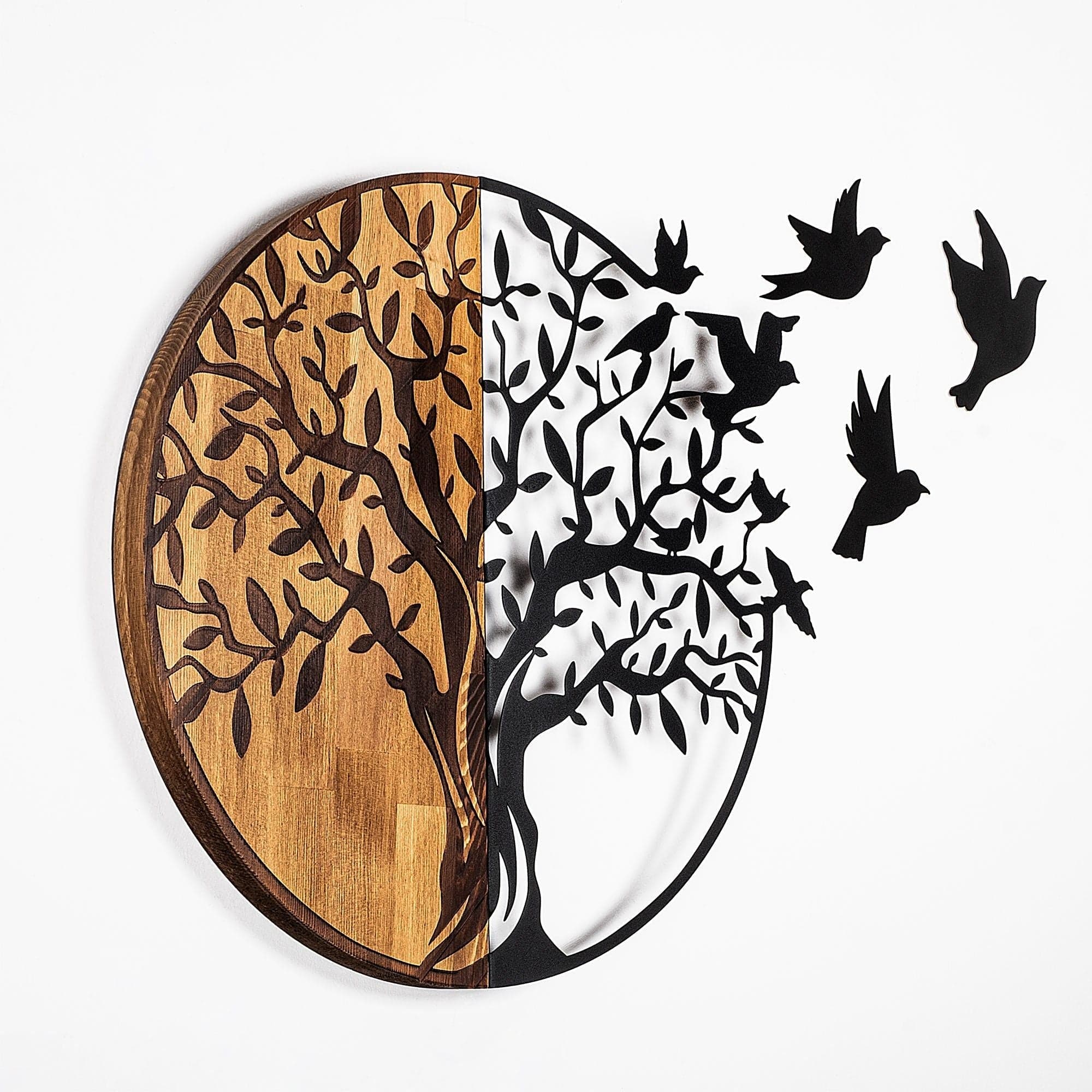Decoratiune perete TREE AND BIRDS 322, negru/nuc, metal/lemn, 92x3x71 cm