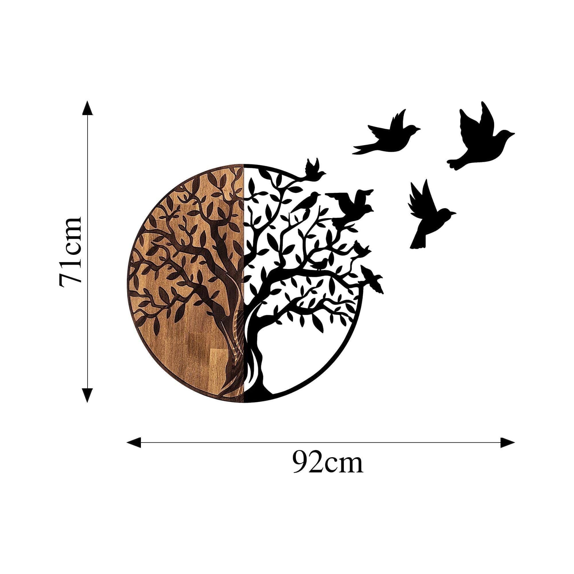 Decoratiune perete TREE AND BIRDS 322, negru/nuc, metal/lemn, 92x3x71 cm