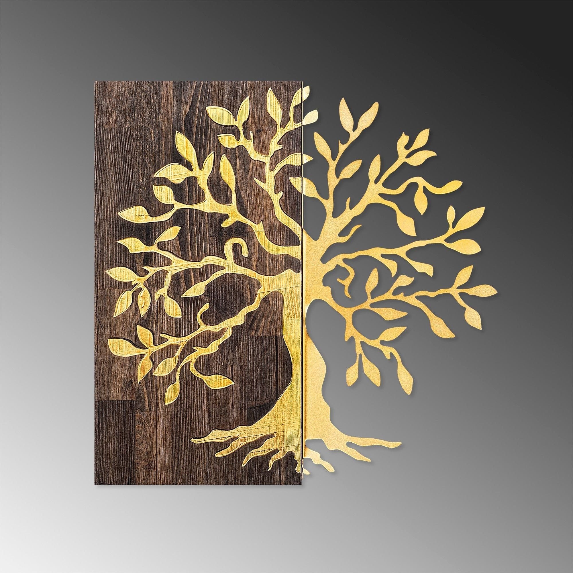 Decoratiune perete TREE, nuc/auriu, lemn/metal, 58x58 cm