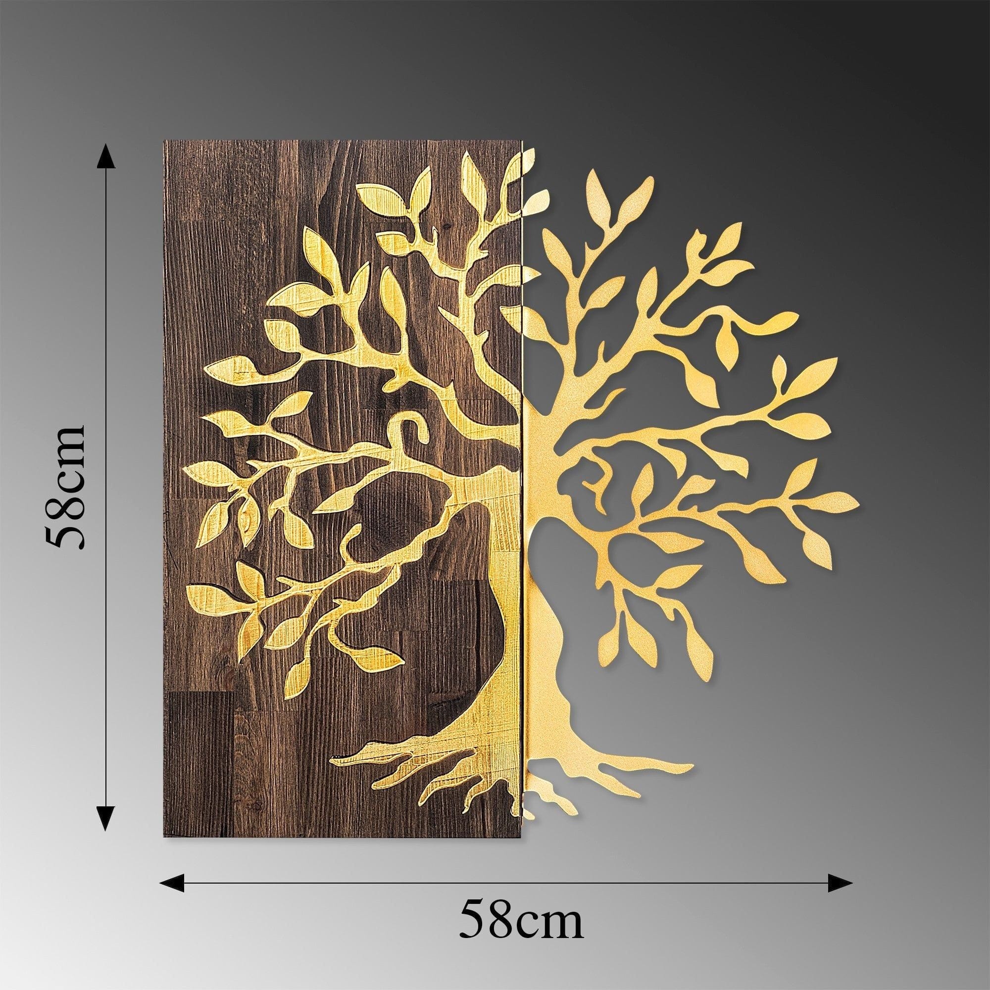 Decoratiune perete TREE, nuc/auriu, lemn/metal, 58x58 cm