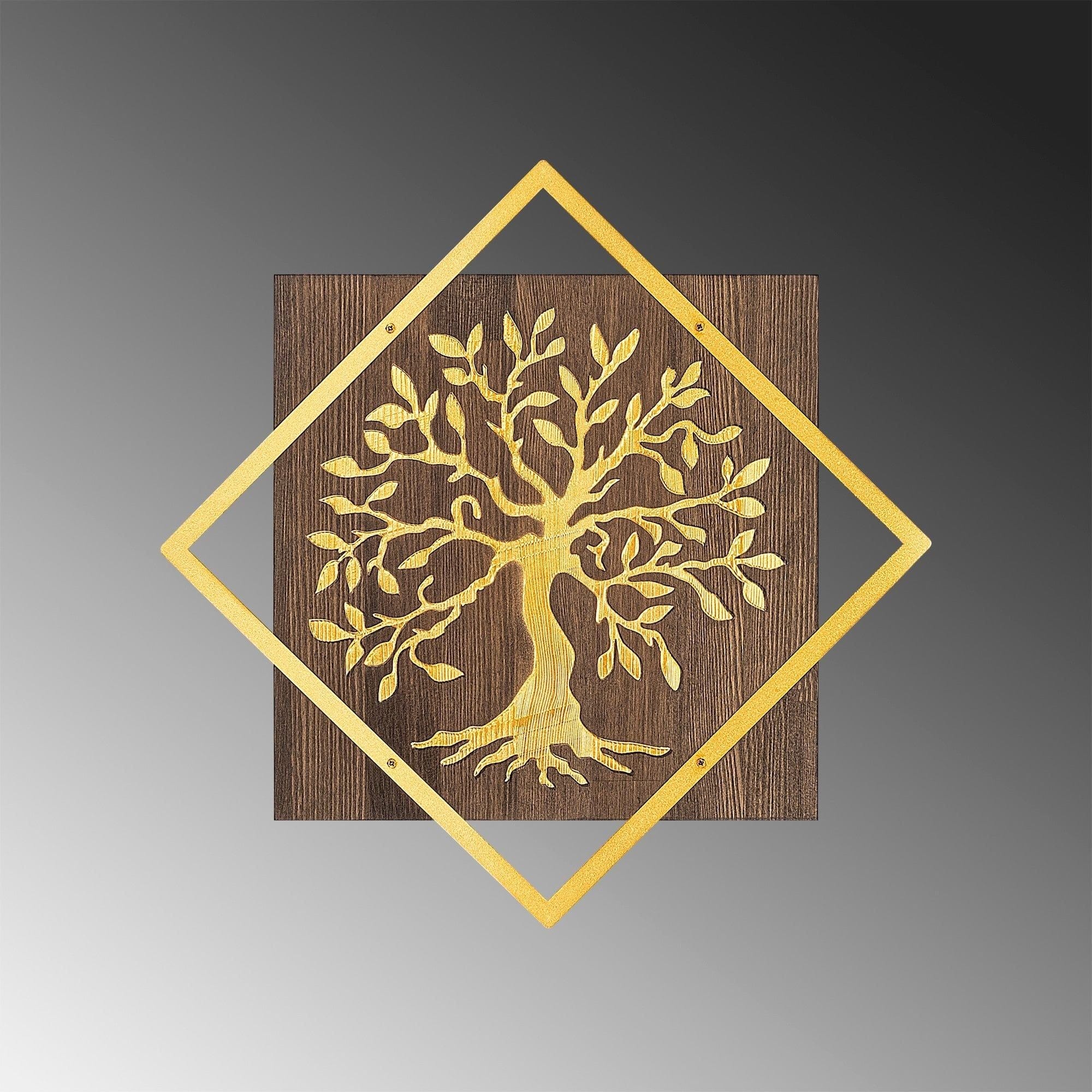 Decoratiune perete TREE V2, nuc/auriu, lemn/metal, 54x54 cm