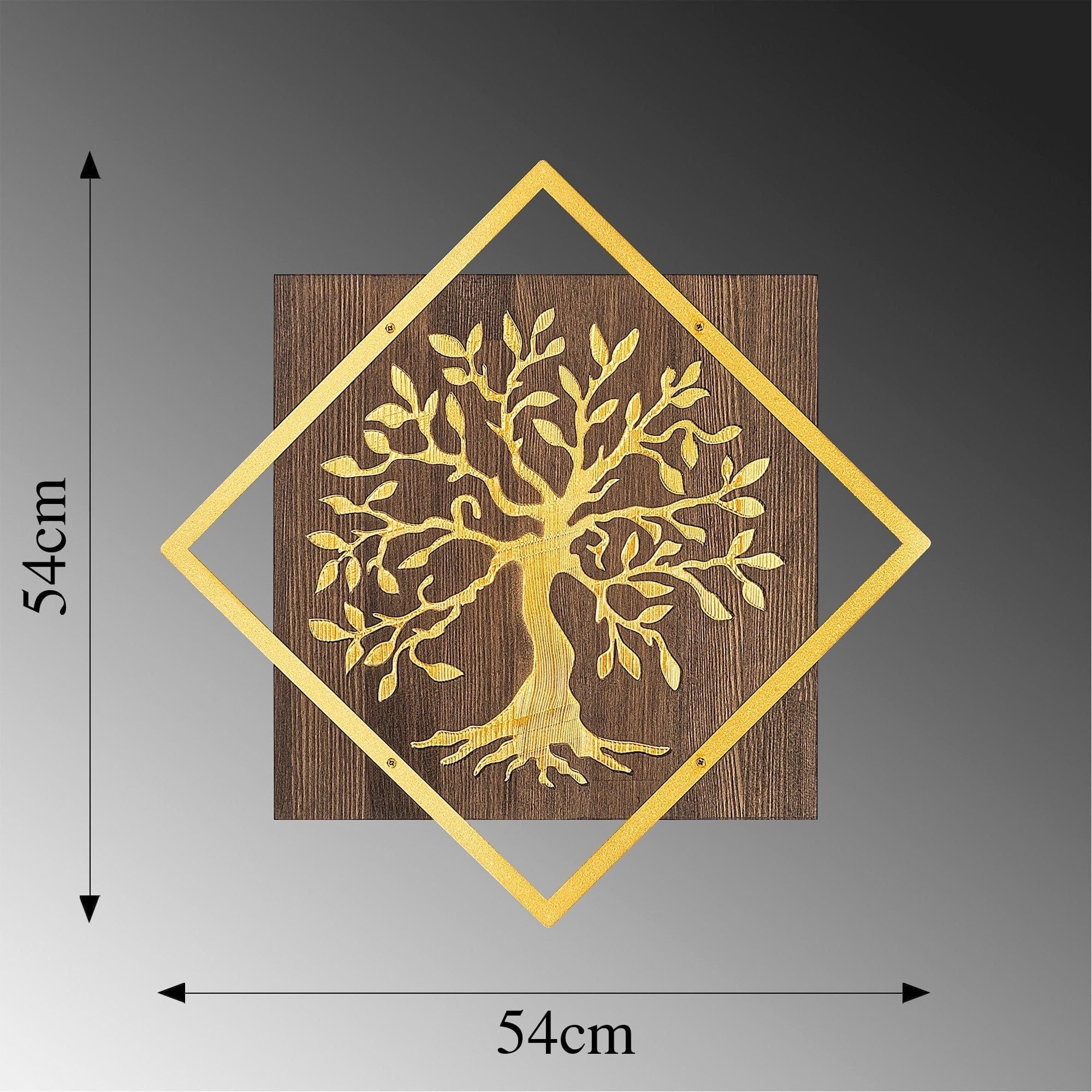Decoratiune perete TREE V2, nuc/auriu, lemn/metal, 54x54 cm