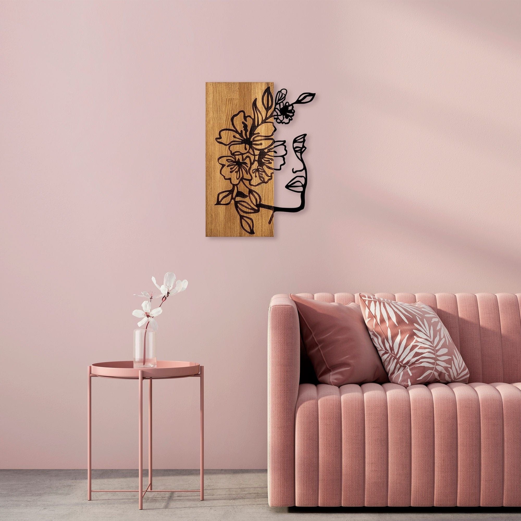 Decoratiune perete WOMAN FLORAL FACE 372, stejar/negru, lemn/metal, 40x58 cm