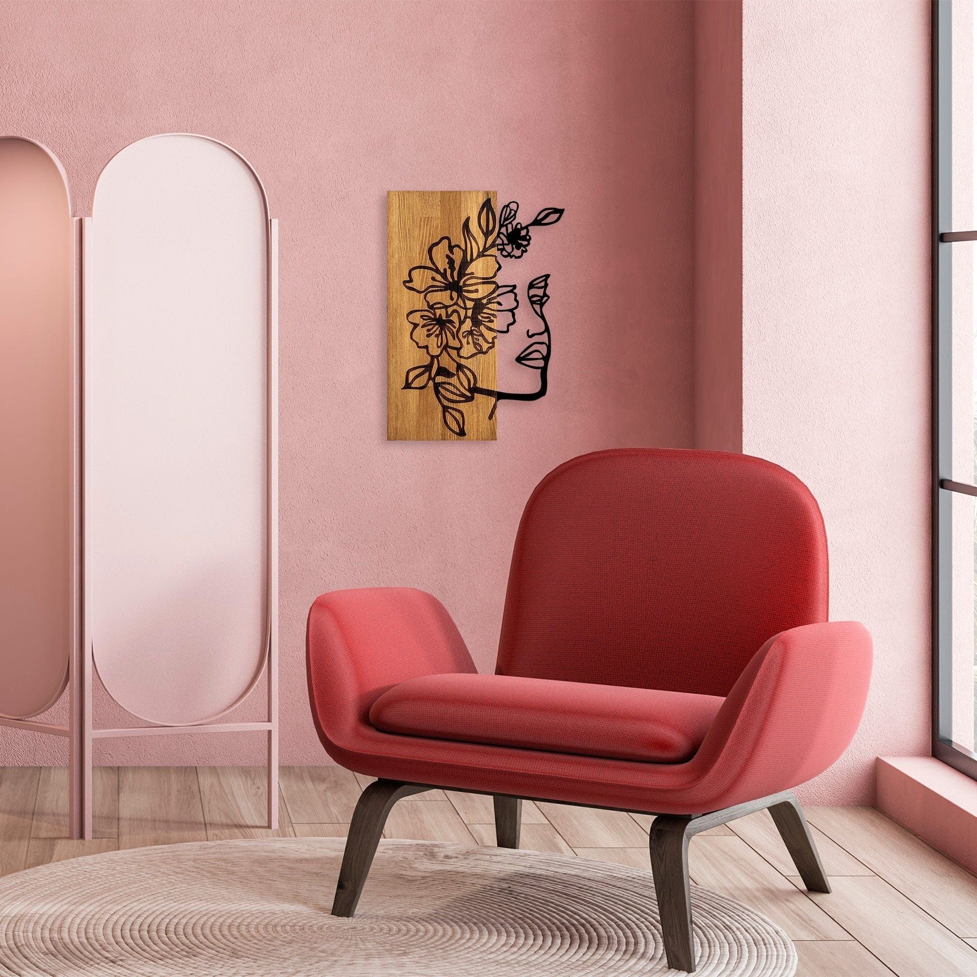 Decoratiune perete WOMAN FLORAL FACE 372, stejar/negru, lemn/metal, 40x58 cm