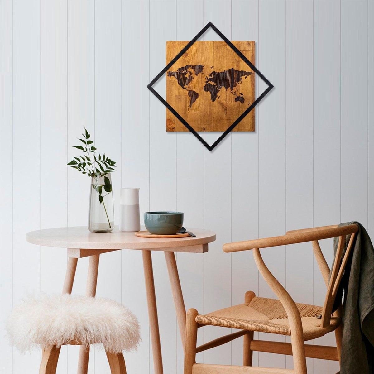 Decoratiune perete WORLD 2, stejar/negru, lemn/metal, 54x54 cm
