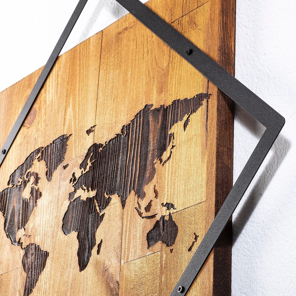 Decoratiune perete WORLD 2, stejar/negru, lemn/metal, 54x54 cm