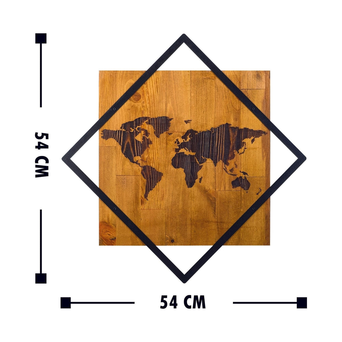Decoratiune perete WORLD 2, stejar/negru, lemn/metal, 54x54 cm