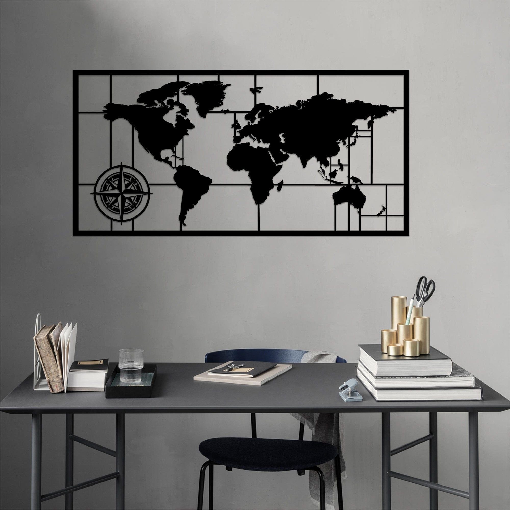 Decoratiune perete WORLD MAP DECOR 7, negru, metal, 121x60 cm