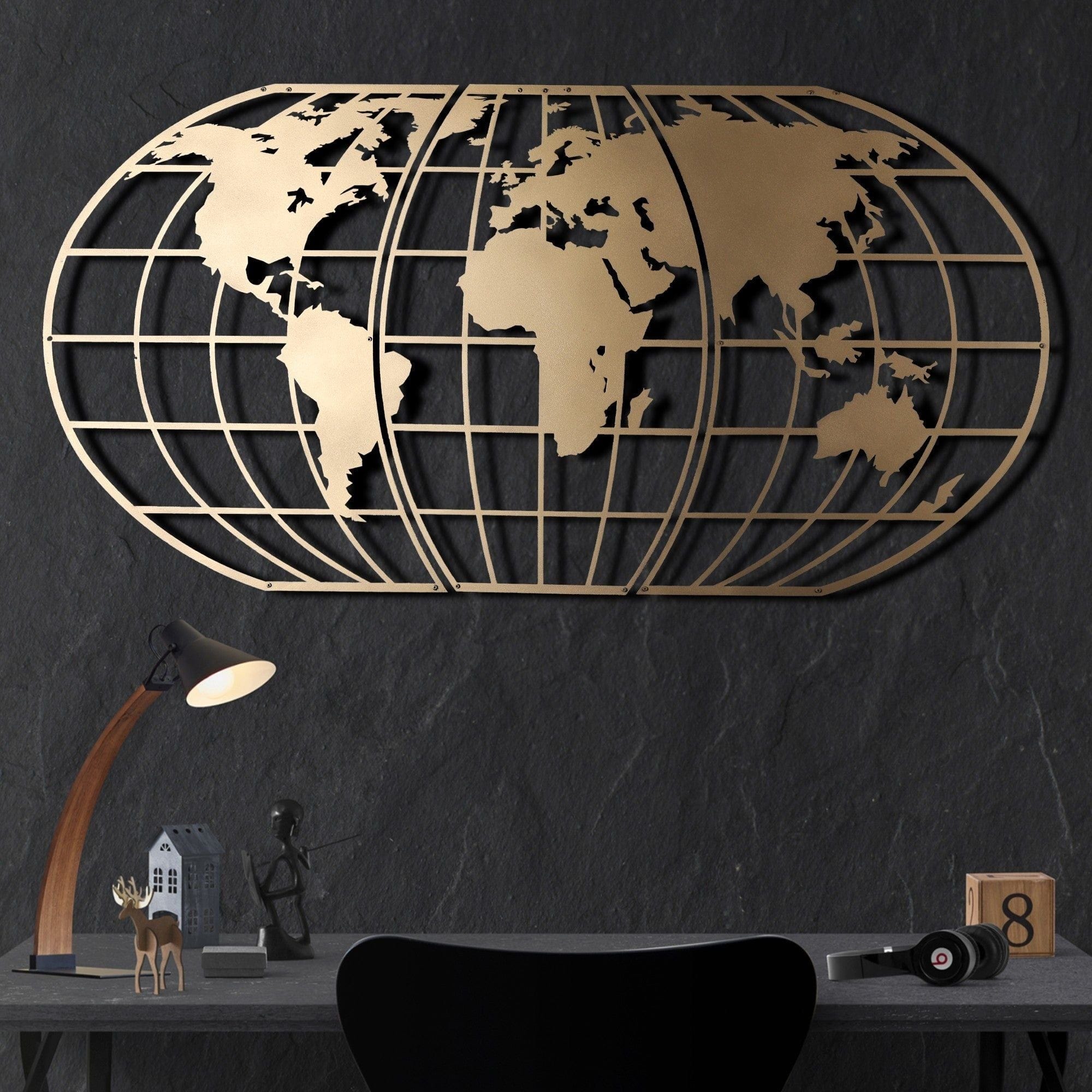 Decoratiune perete WORLD MAP GLOBE, auriu, metal, 120x60 cm