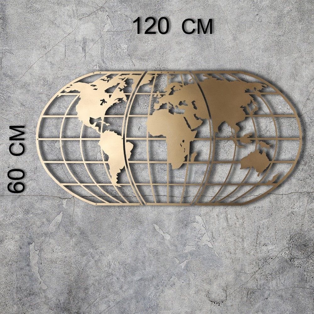 Decoratiune perete WORLD MAP GLOBE, auriu, metal, 120x60 cm