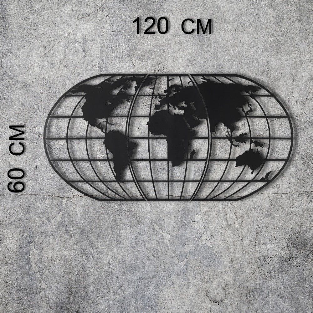 Decoratiune perete WORLD MAP GLOBE, negru, metal, 120x60 cm