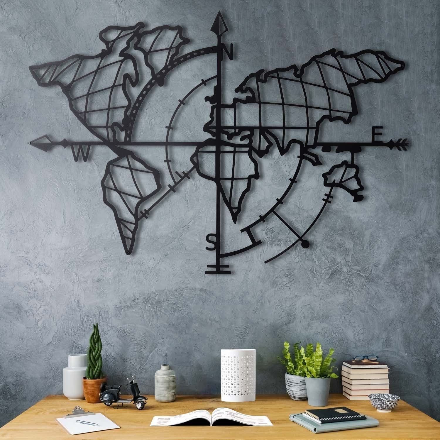 Decoratiune perete WORLD MAP, negru, metal, 95x65 cm