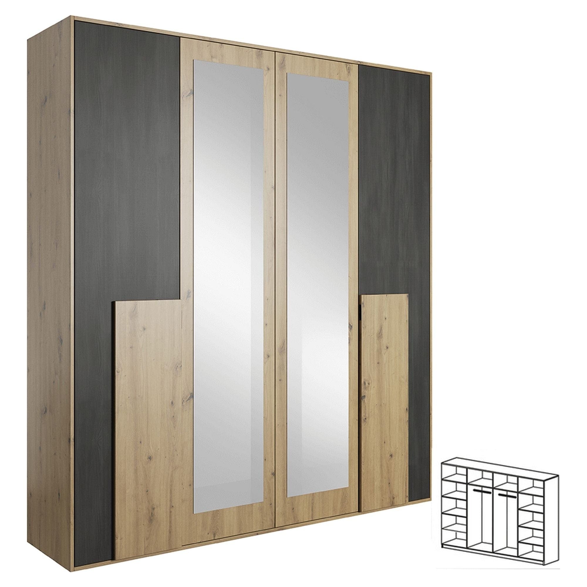 Dressing BAFRA, stejar artisan/pin negru, PAL laminat, cu 4 usi, 200x65x203 cm