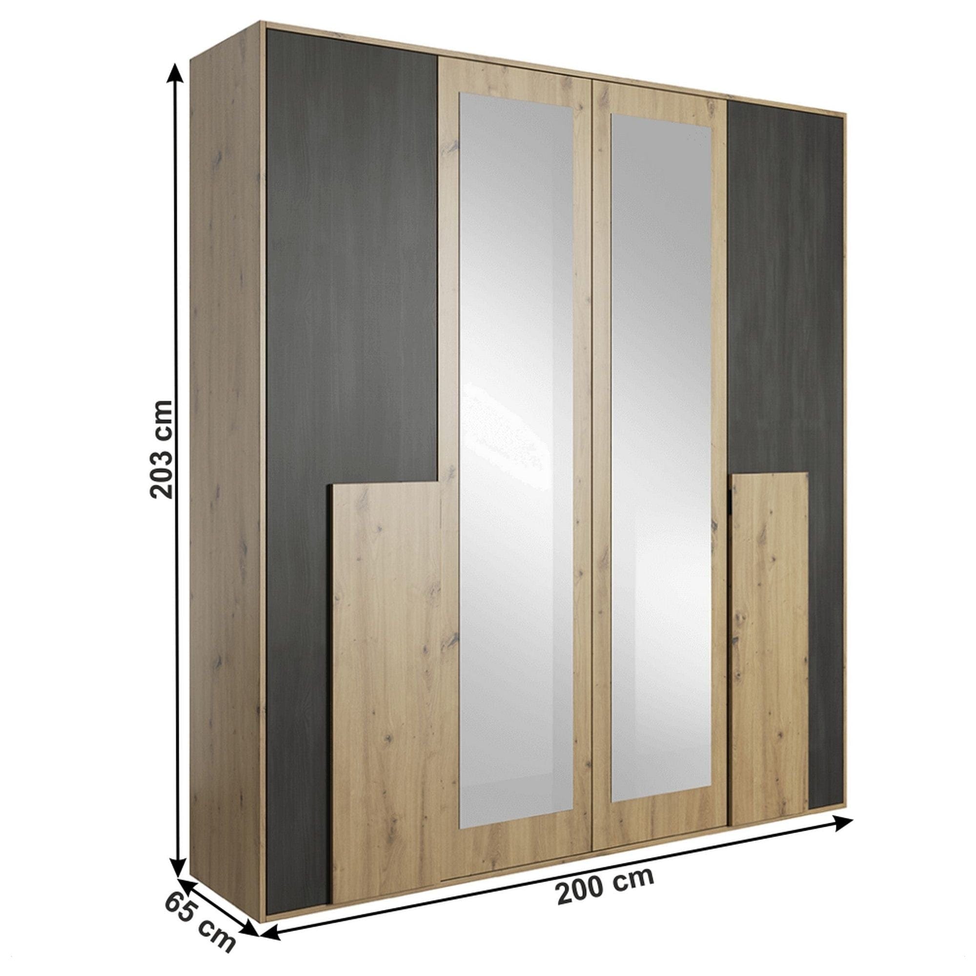 Dressing BAFRA, stejar artisan/pin negru, PAL laminat, cu 4 usi, 200x65x203 cm