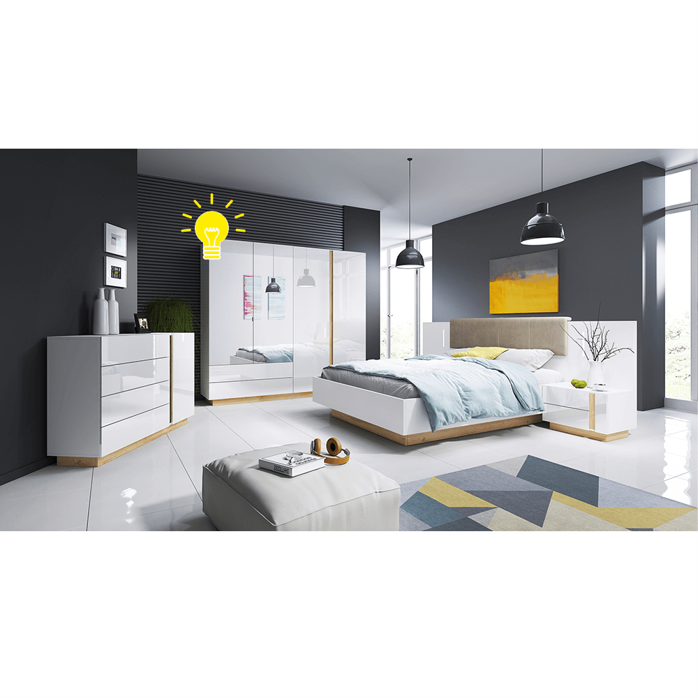 Dressing CITY, alb/stejar grandson, PAL laminat, cu iluminare LED, cu 4 usi si 2 sertare, 220x54x202 cm