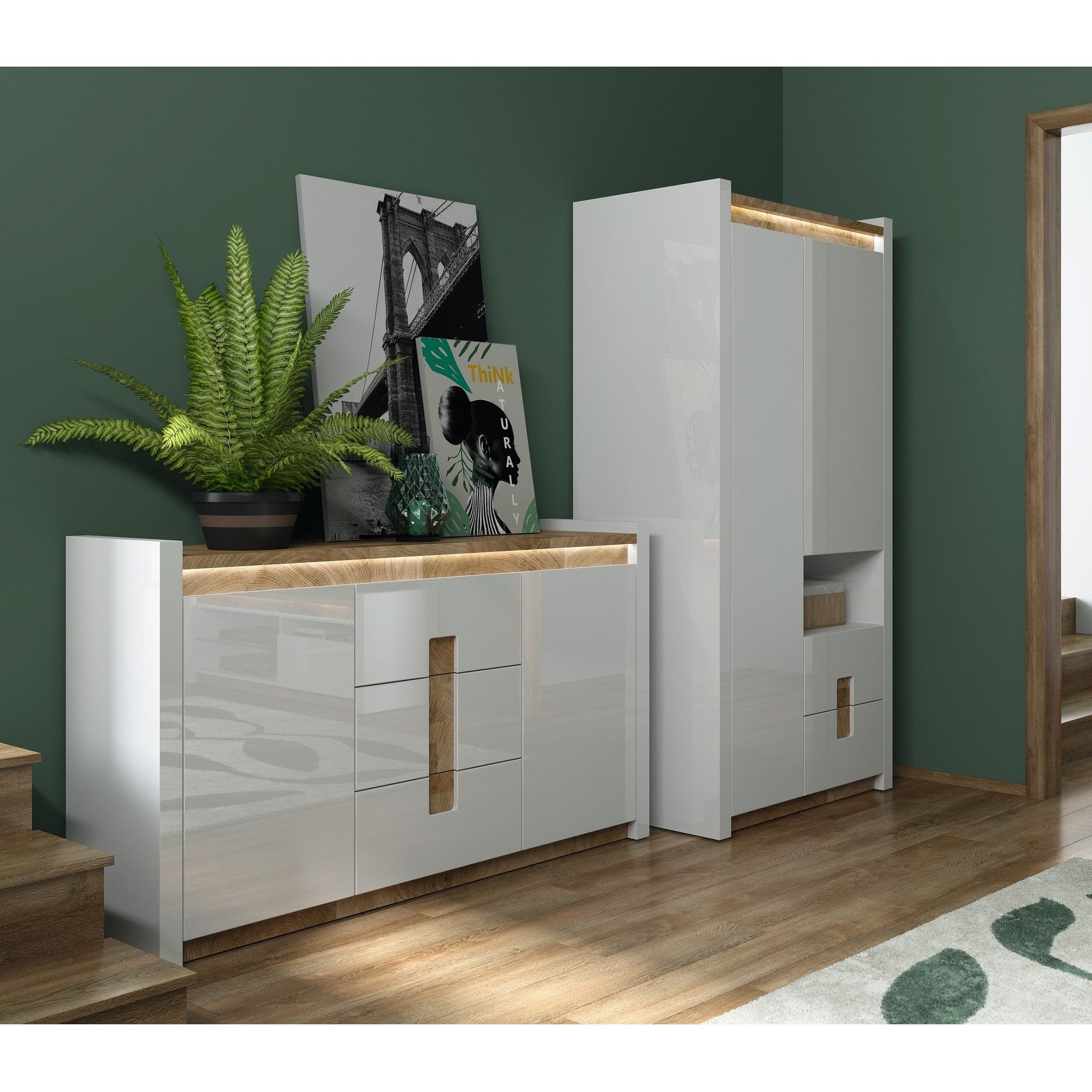 Dulap ALAMEDA, alb/stejar, PAL, cu 2 usi si 4 sertare, 102x60x201 cm