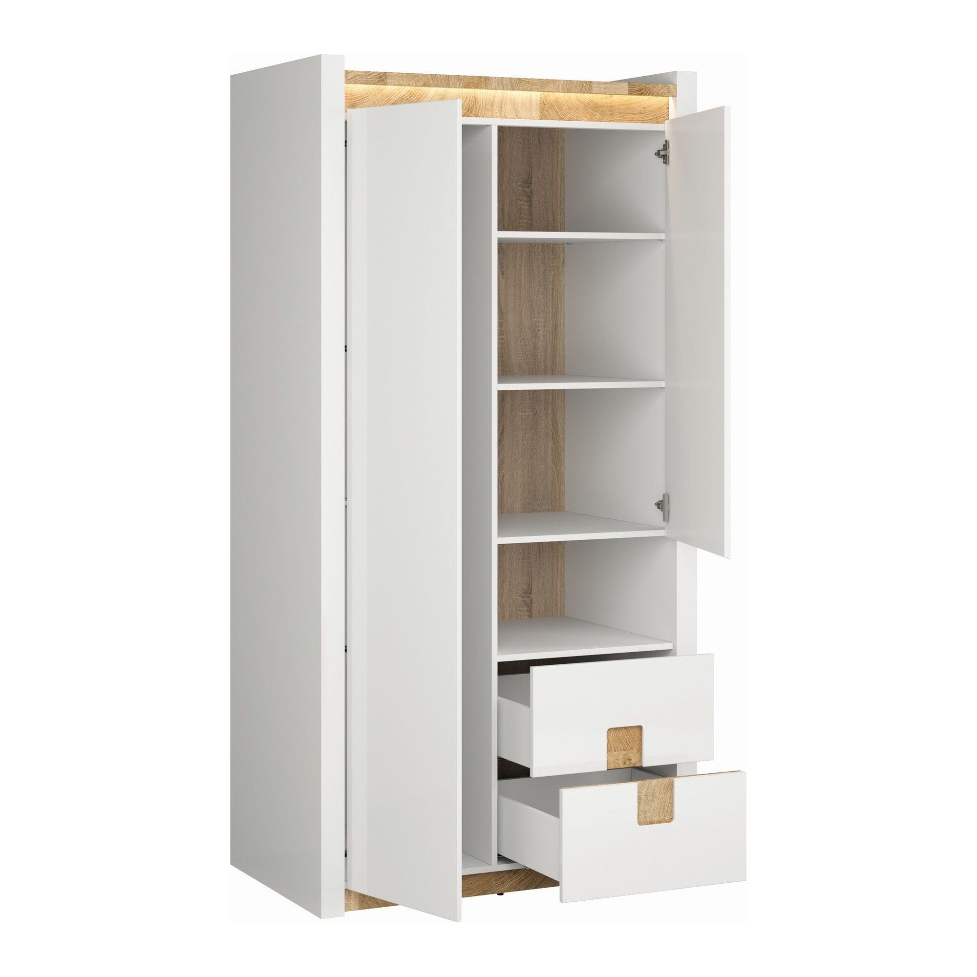 Dulap ALAMEDA, alb/stejar, PAL, cu 2 usi si 4 sertare, 102x60x201 cm