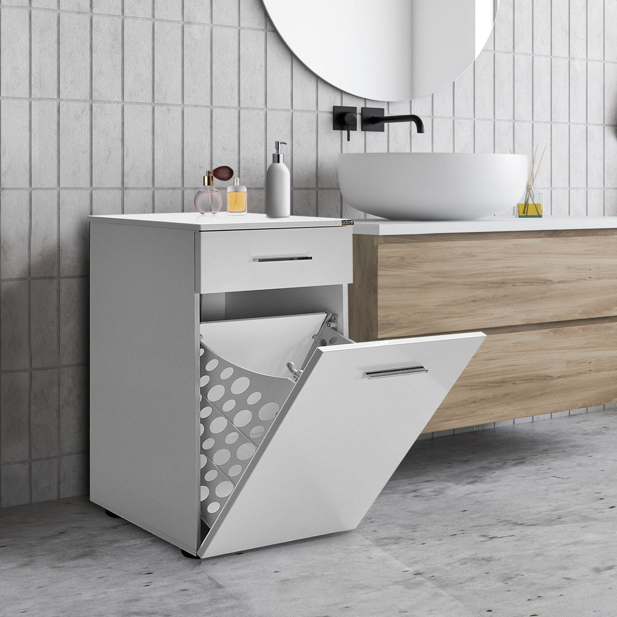 Dulap baie ADR-611-PP-1, alb, PAL melaminat, cu o usa si un sertar, 52x38x83 cm
