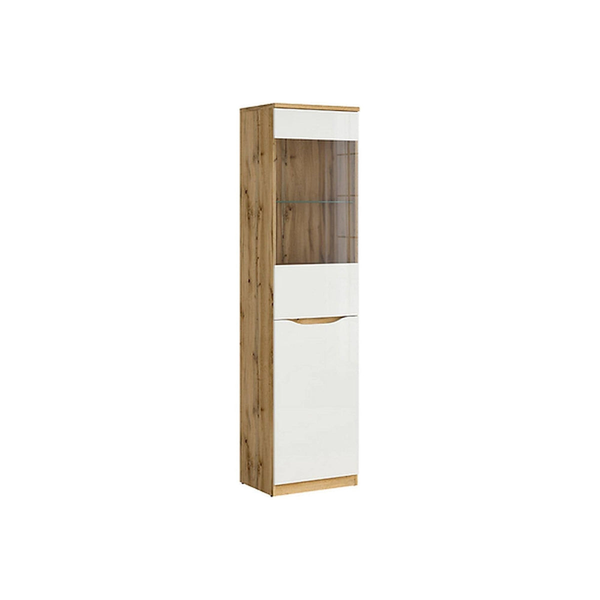 Dulap cu vitrina NUIS, alb lucios/stejar, PAL, 50x40x198 cm