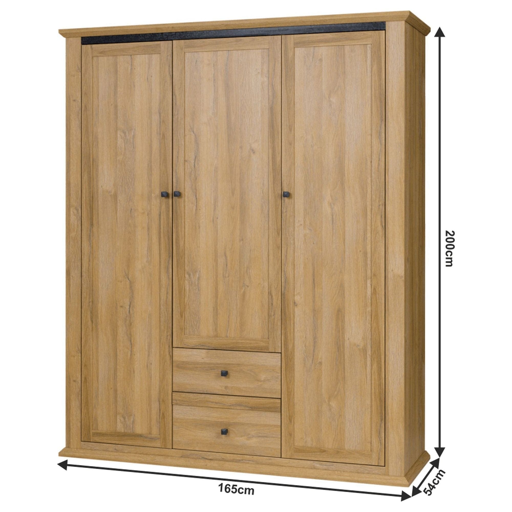 Dulap LEON MZ3, stejar auriu, DTD laminat, cu 3 usi si 2 sertare, 165x54x200 cm