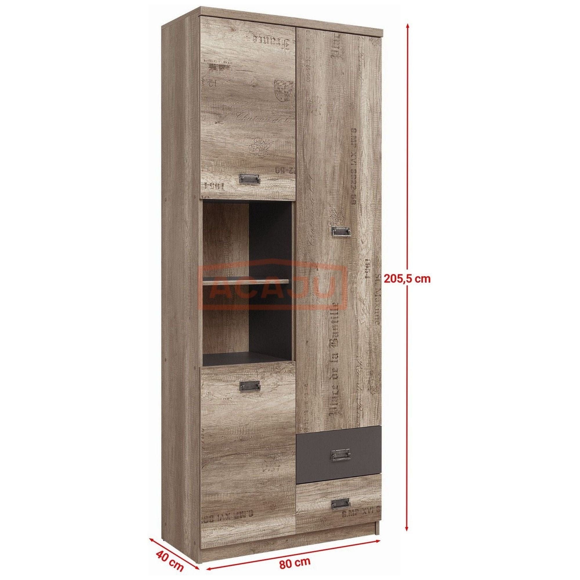 Dulap MALCOLM, stejar/gri, PAL, cu 3 usi si 2 sertare, 80x40x206 cm