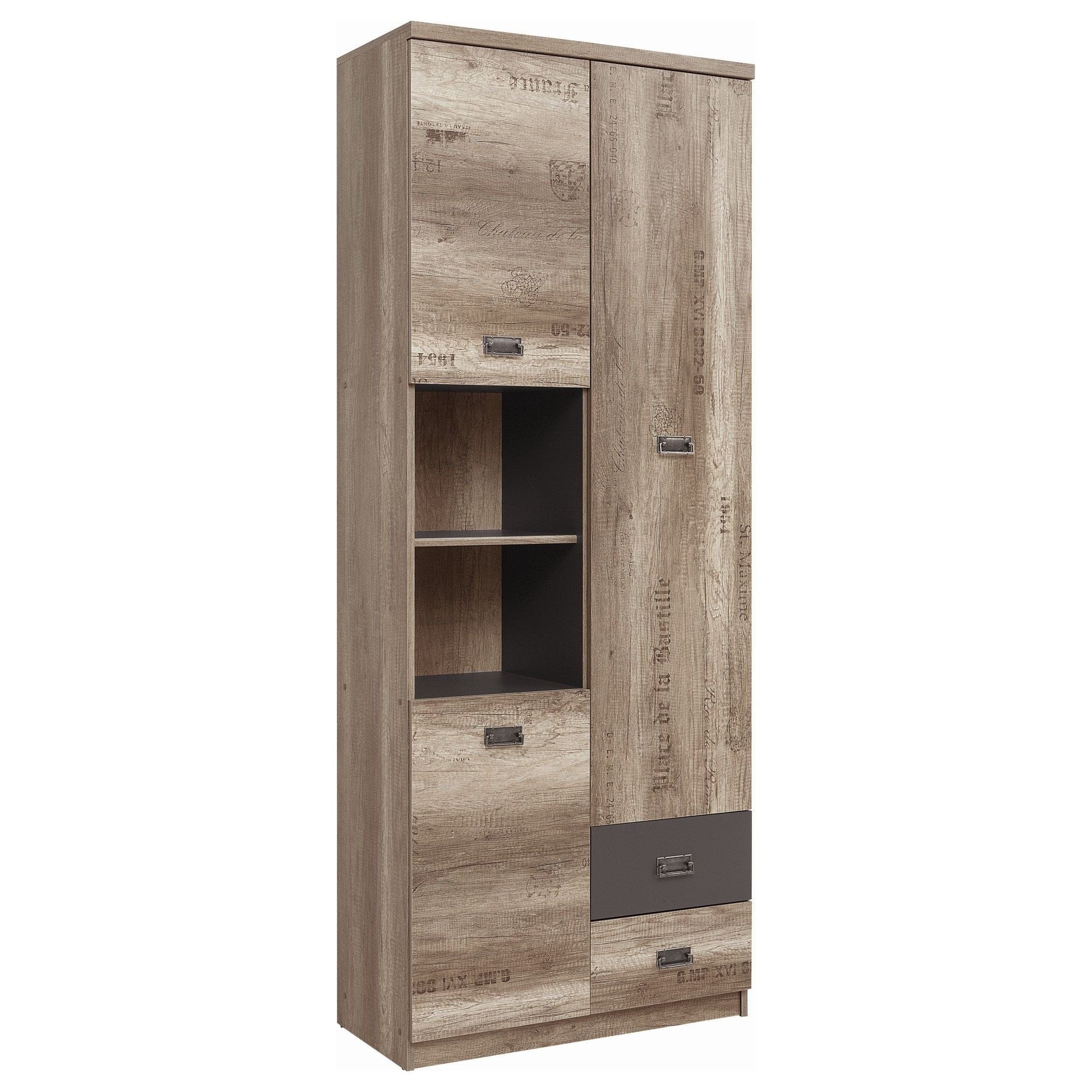 Dulap MALCOLM, stejar/gri, PAL, cu 3 usi si 2 sertare, 80x40x206 cm