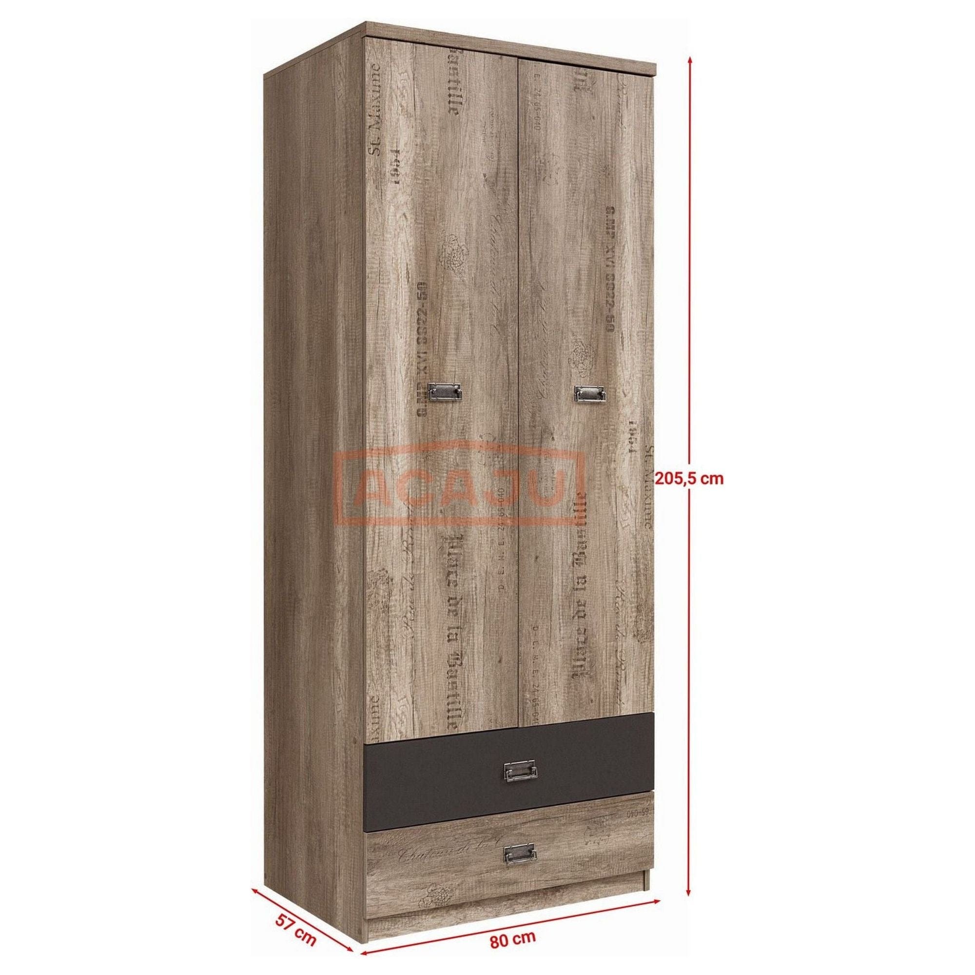 Dulap MALCOM, stejar canyon/gri tungsten, PAL, cu 2 usi si 2 sertare, 80x57x206 cm