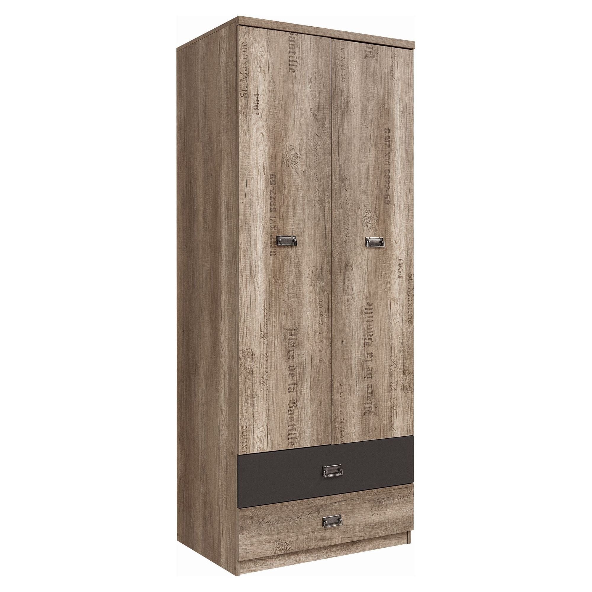 Dulap MALCOM, stejar canyon/gri tungsten, PAL, cu 2 usi si 2 sertare, 80x57x206 cm