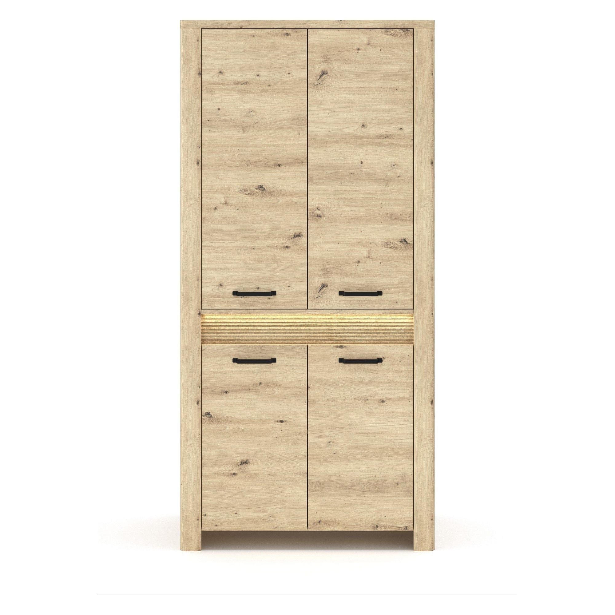 Dulap MORIS, stejar artisan, PAL laminat, cu 4 usi, cu iluminare LED, 96x60x200 cm