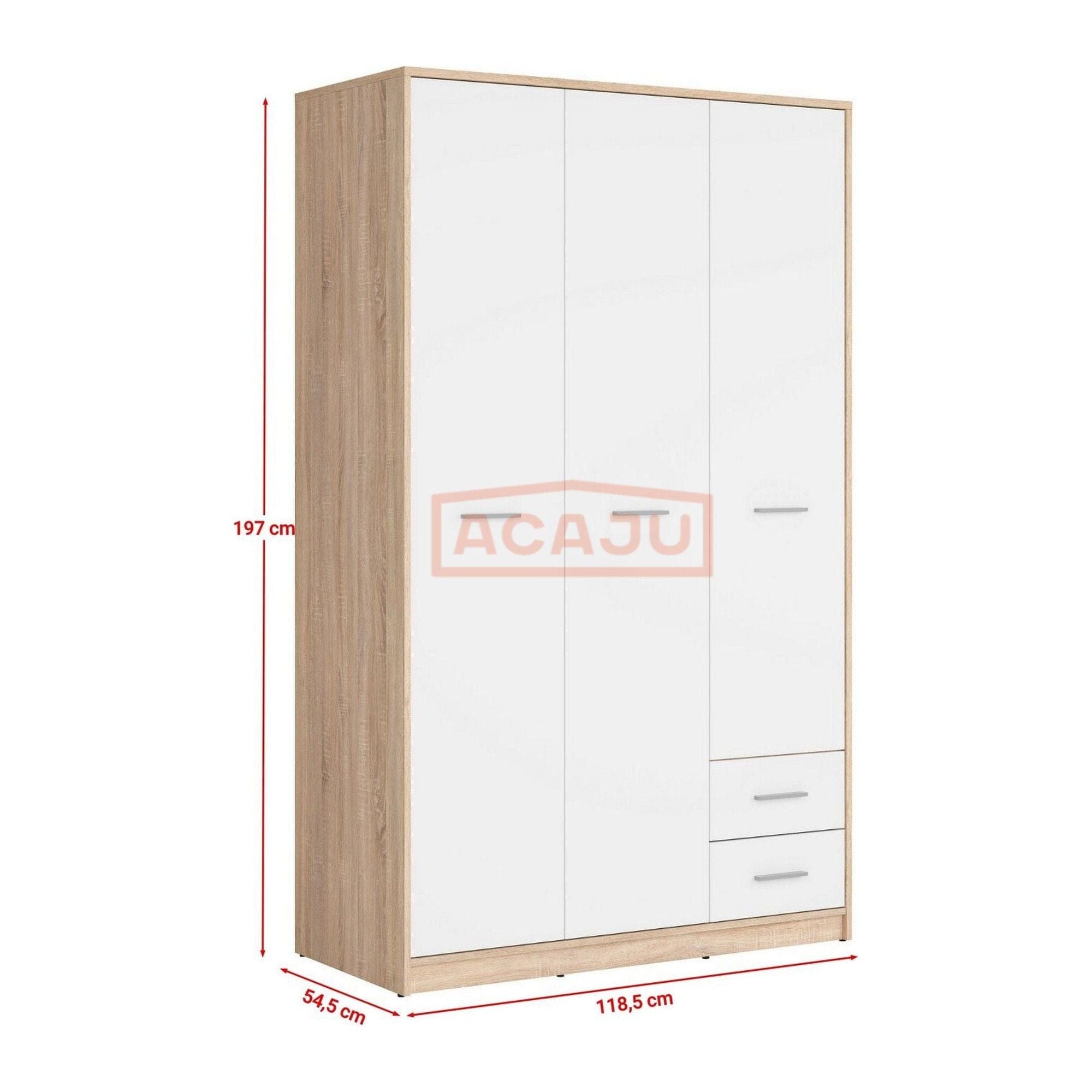 Dulap NEPO PLUS, alb/stejar sonoma, PAL, cu 3 usi si 2 sertare, 119x55x197 cm