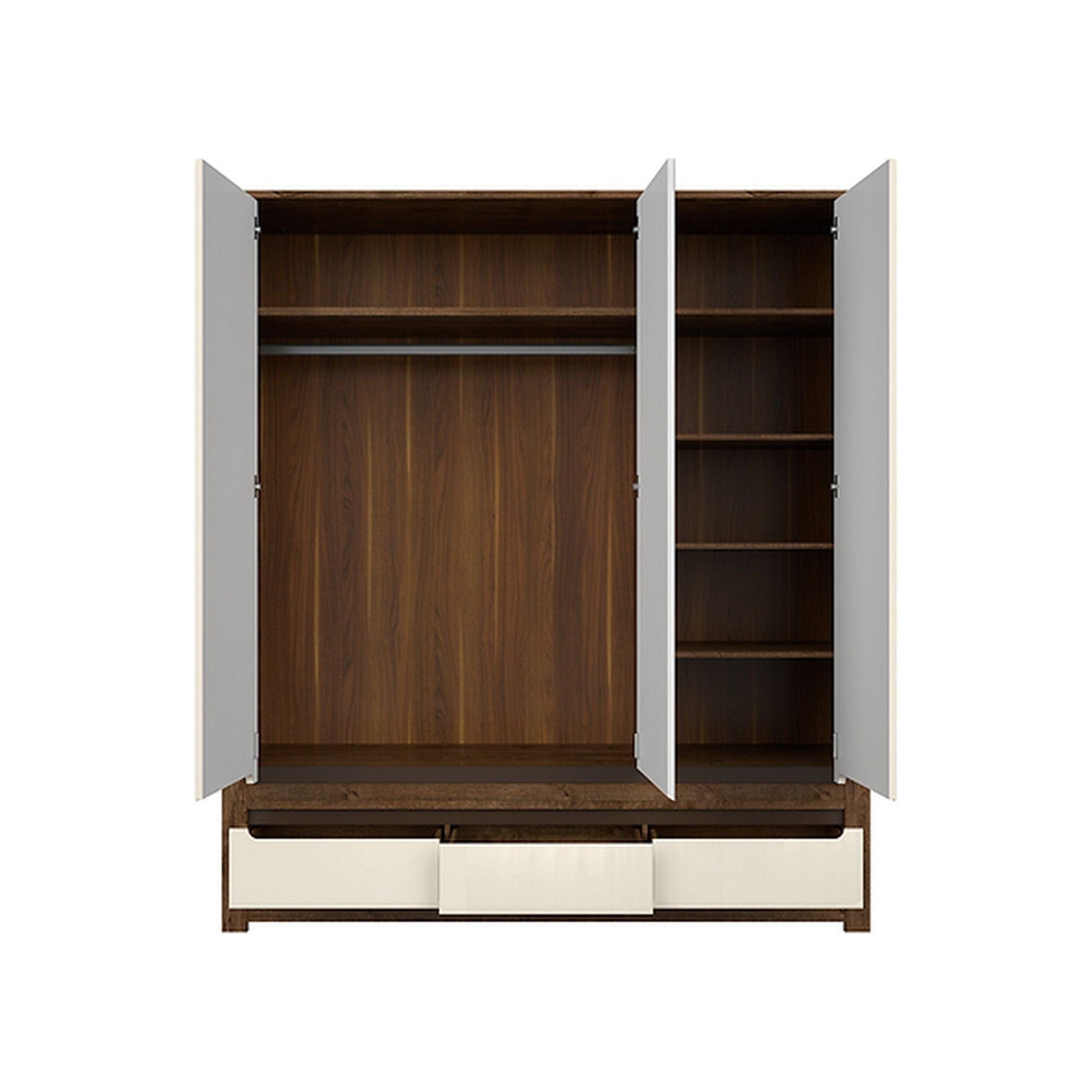 Dulap RUSO, alb perla/stejar april, PAL, cu 3 usi si 3 sertare, cu oglinda, 179x61x205 cm