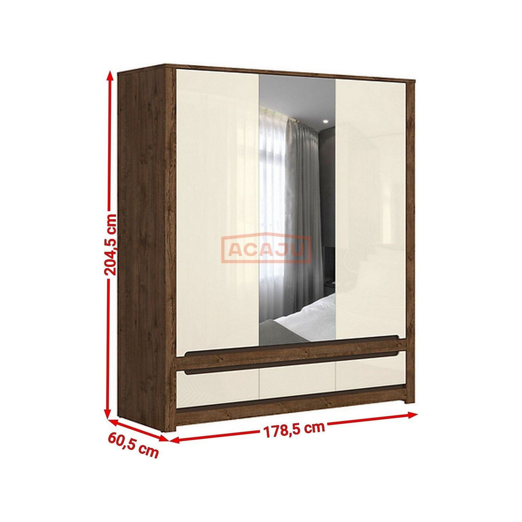 Dulap RUSO, alb perla/stejar april, PAL, cu 3 usi si 3 sertare, cu oglinda, 179x61x205 cm