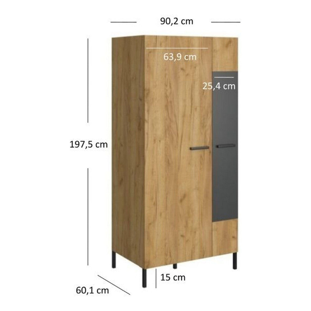 Dulap SANTES, stejar artisan auriu/gri antracit, PAL laminat, cu 2 usi, 90x60x198 cm