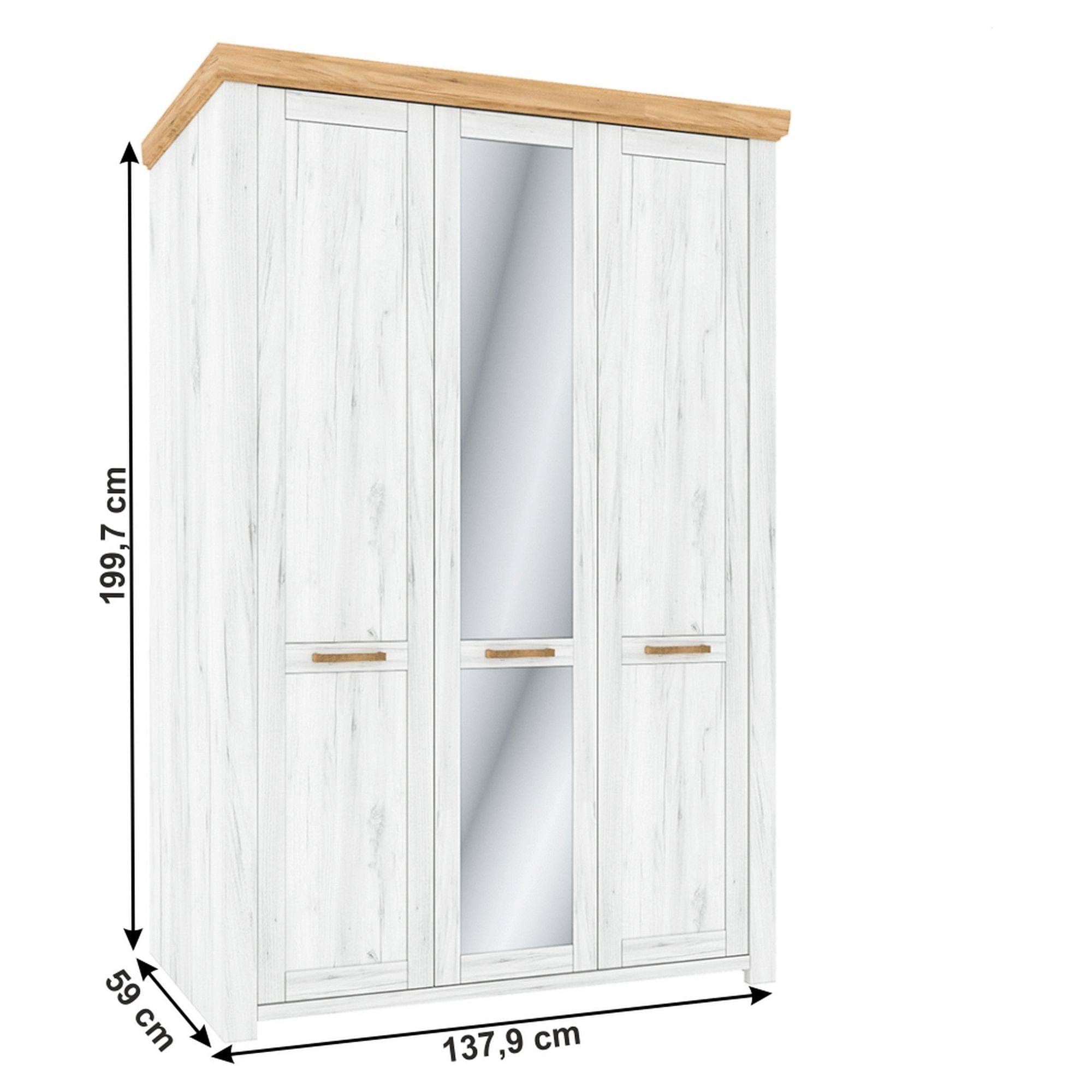 Dulap SUDBURY, stejar craft auriu/stejar craft alb, PAL laminat, cu 3 usi, cu oglinda, 138x59x200 cm