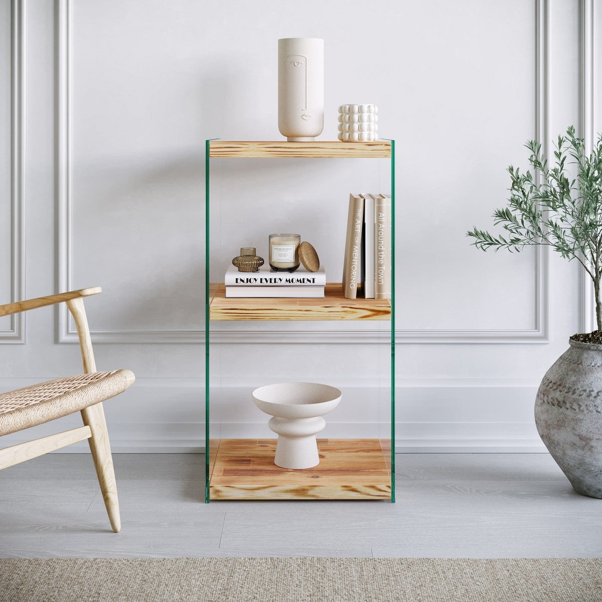 Etajera NIAGARA R302, pin, lemn de pin/sticla, 40x35x80 cm