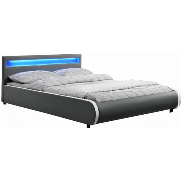Pat dormitor DULCEA, piele ecologica, gri, 160x200 cm, cu iluminare LED RGB, somiera lamelara reglabila, fara saltea