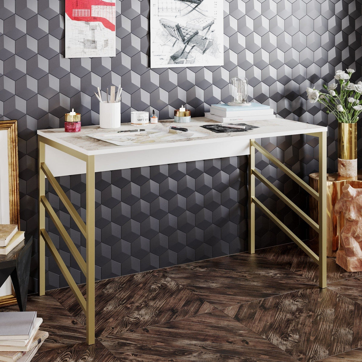 Masa birou TUNA, alb/auriu, PAL melaminat/metal, 120x60x75 cm