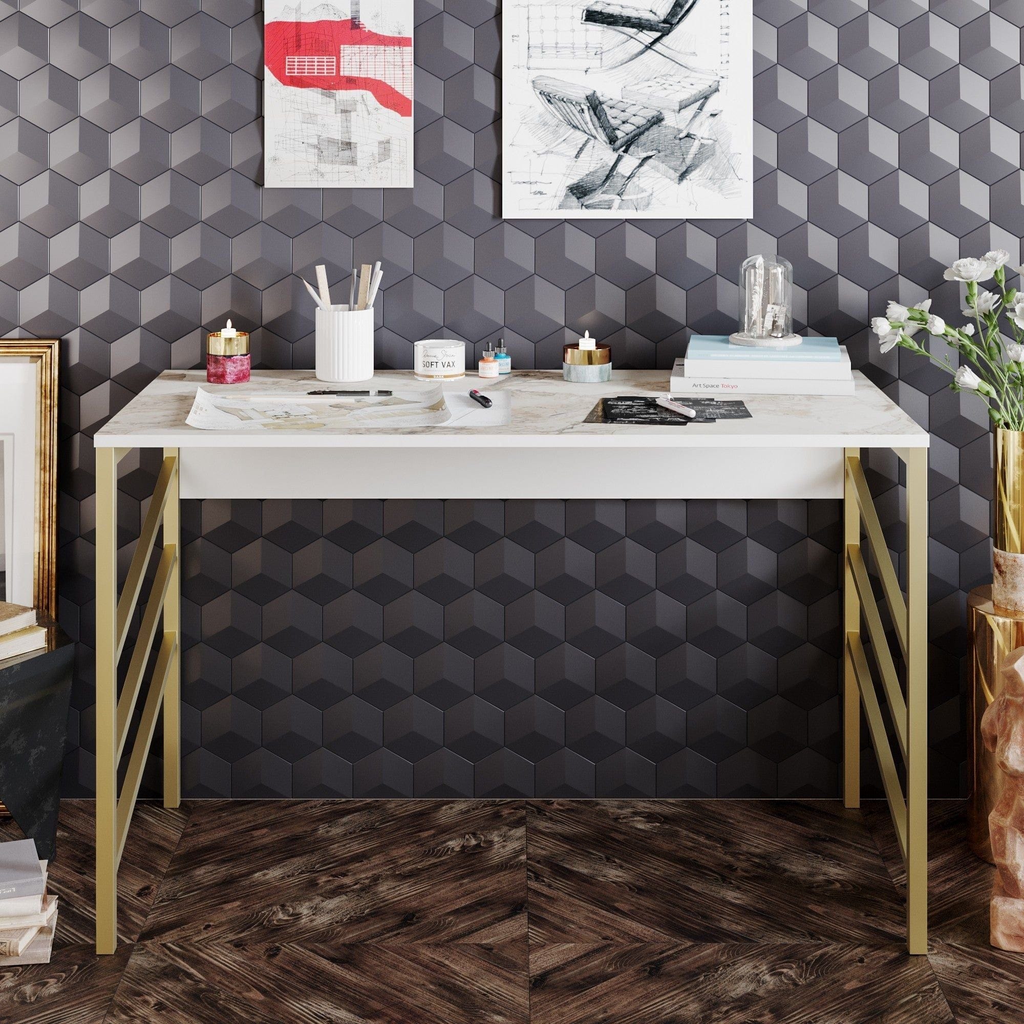 Masa birou TUNA, alb/auriu, PAL melaminat/metal, 120x60x75 cm