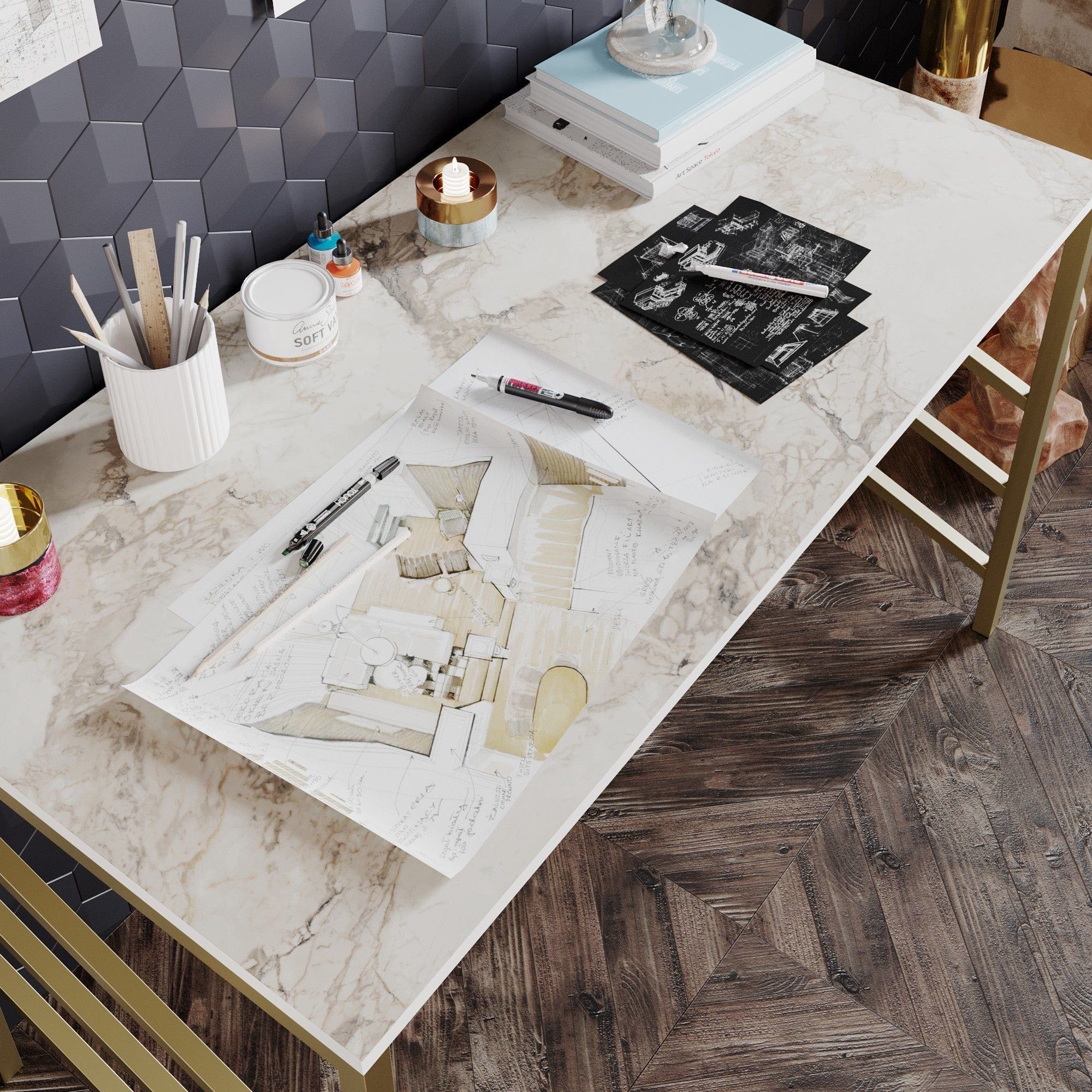 Masa birou TUNA, alb/auriu, PAL melaminat/metal, 120x60x75 cm