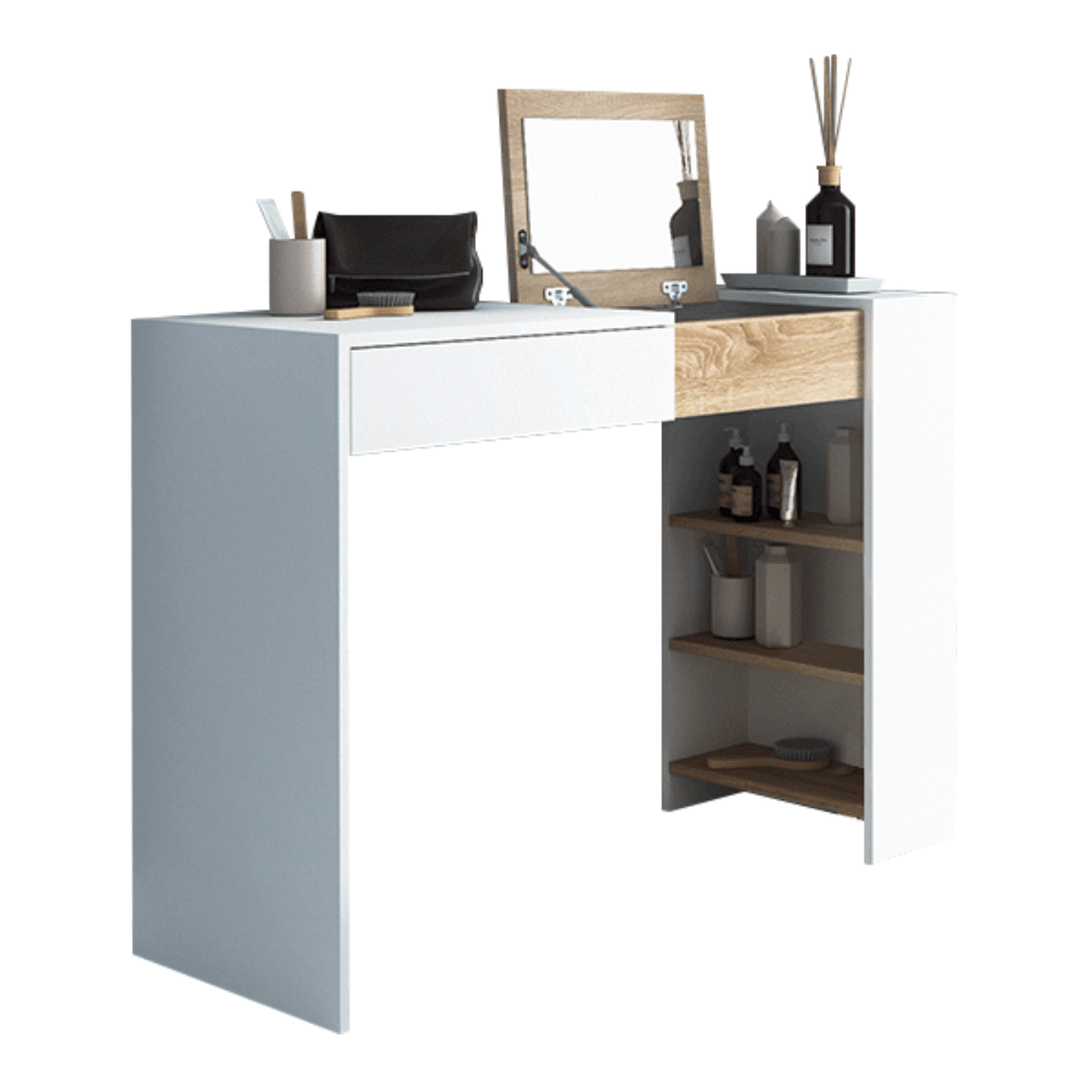 Masa de toaleta ELIS, alb/stejar sonoma, PAL melaminat, cu oglinda, 114x40x78 cm