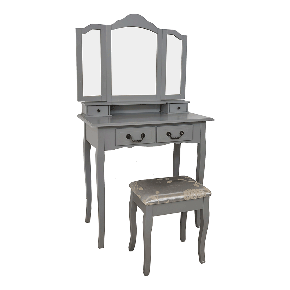 Masa de toaleta REGINA NEW, gri, cu taburet si oglinda, 80x40x142 cm