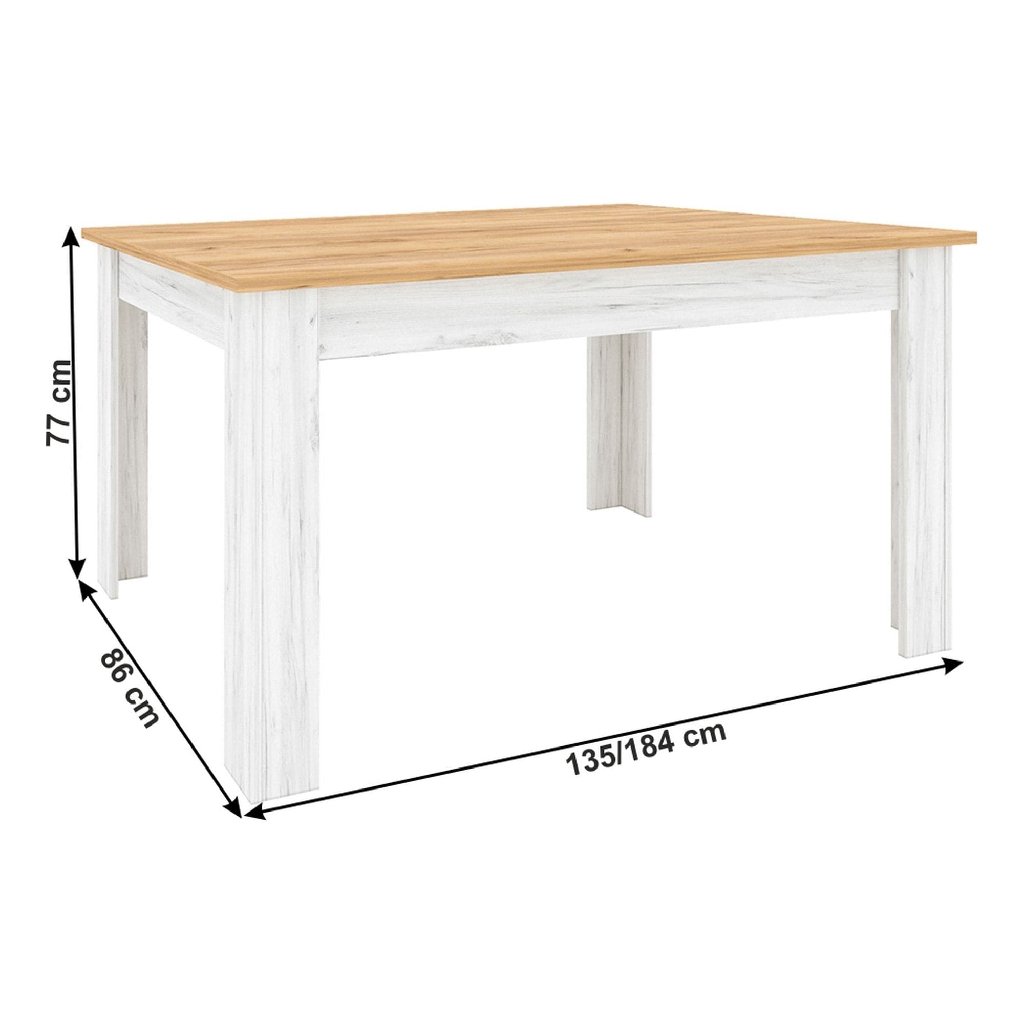 Masa extensibilă SUDBURY, stejar/alb, PAL laminat, 135/184x86x76 cm